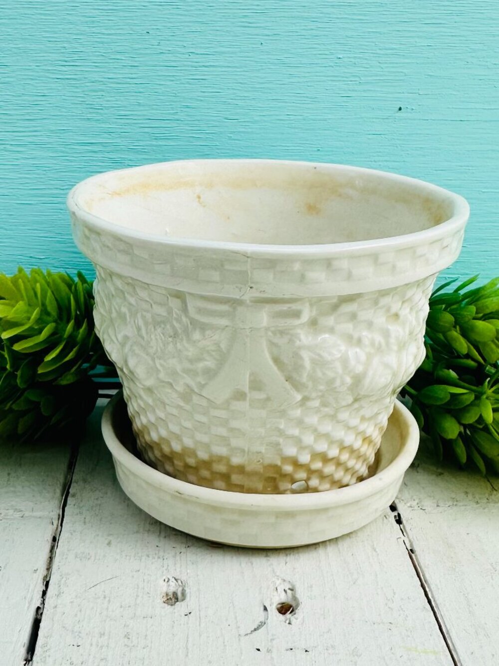 Vintage 1950s small white ceramic planter with basket weave design and saucer